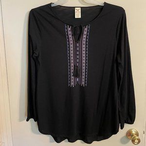 Faded Glory Embroidered Tie Neck Long Sleeve Top